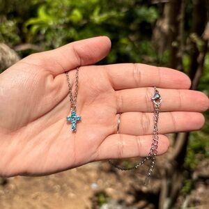 18K White Gold Plated Diamond Light Blue Cross Necklace